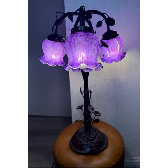 SOLD🚫 Vintage Art Nouveau Triple Floral Table Lamp Purple Frosted Shades - Picture 1 of 8